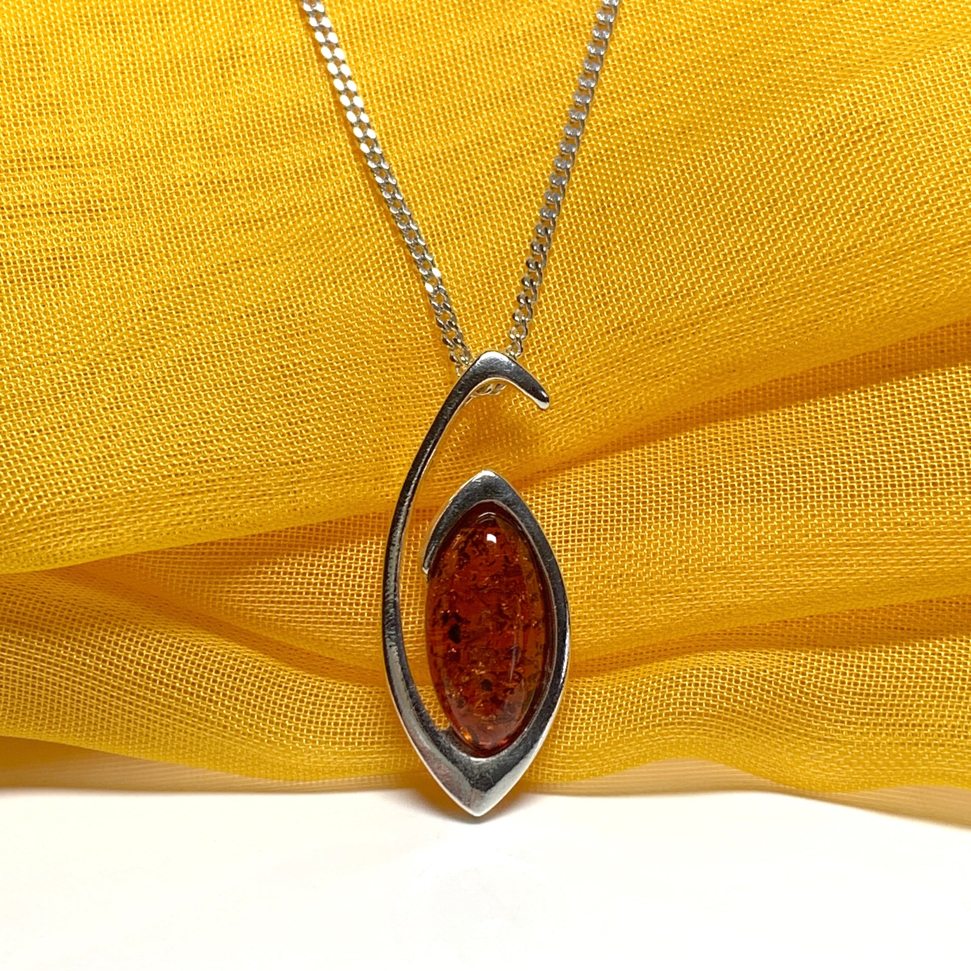 Sterling silver real amber marquise shaped open pierced necklace