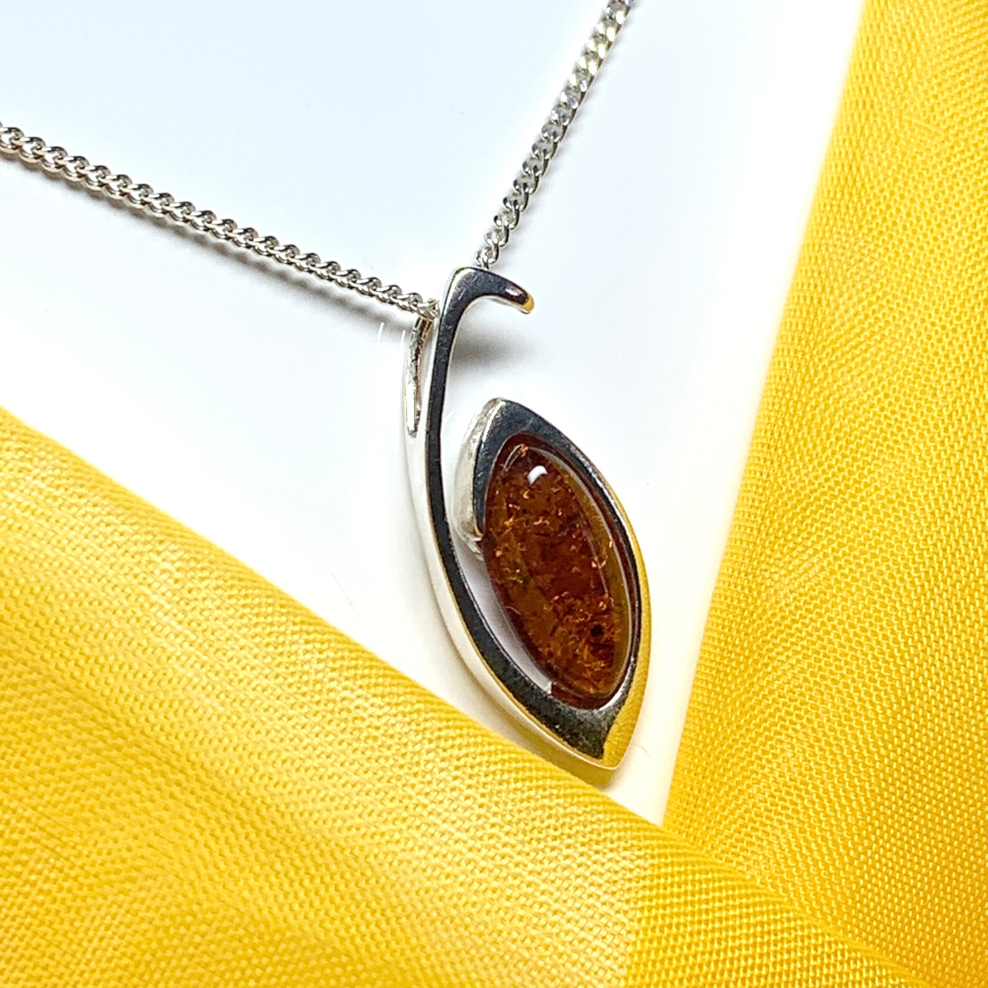 Sterling silver real amber marquise shaped open pierced necklace