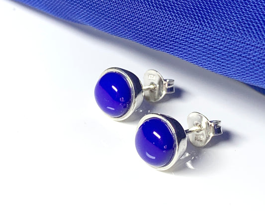 Sterling silver real lapis lazuli blue round stud earrings