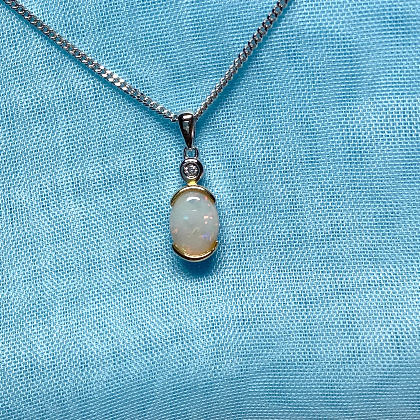 Sterling silver real opal oval and cubic zirconia necklace pendent