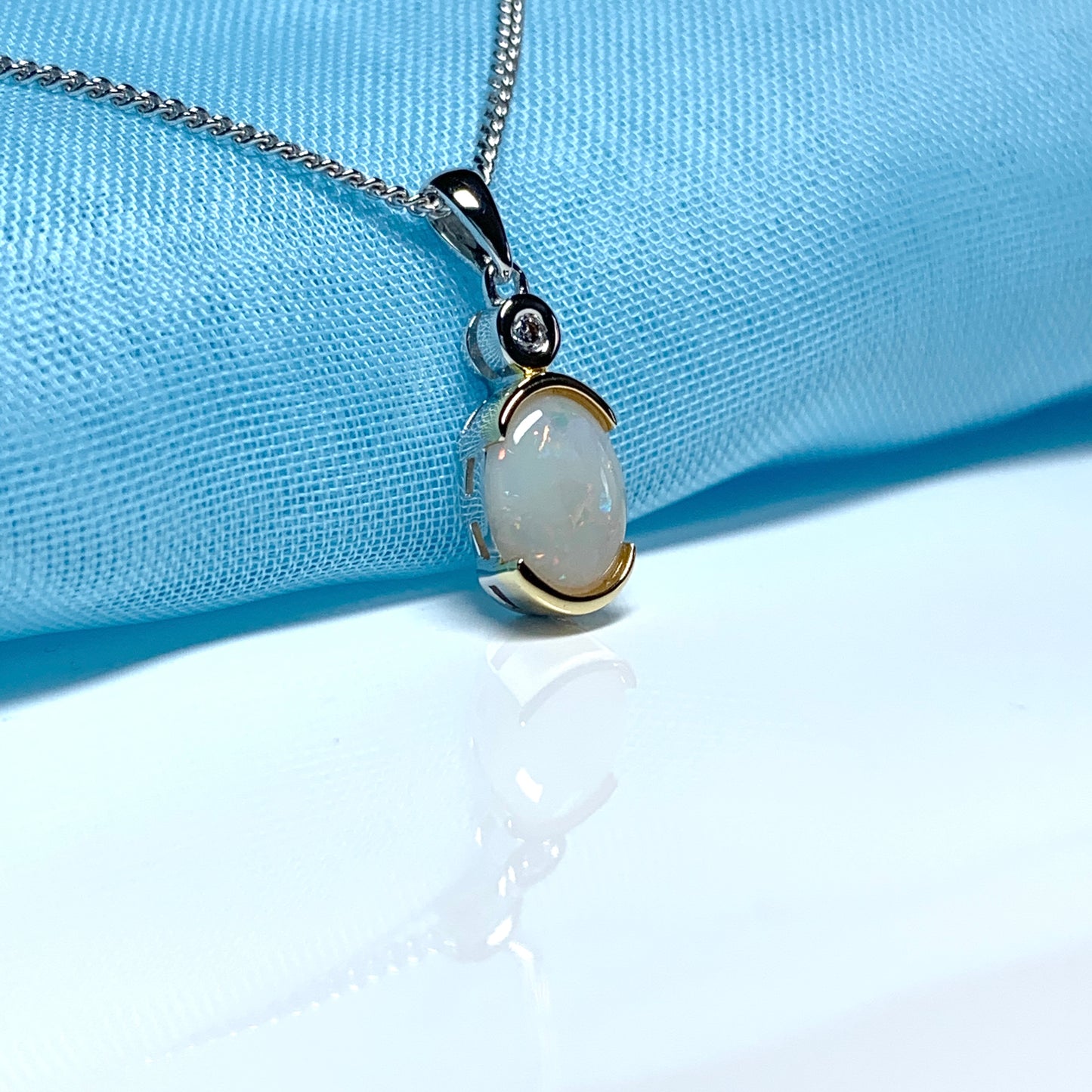 Sterling silver real opal oval and cubic zirconia necklace pendent