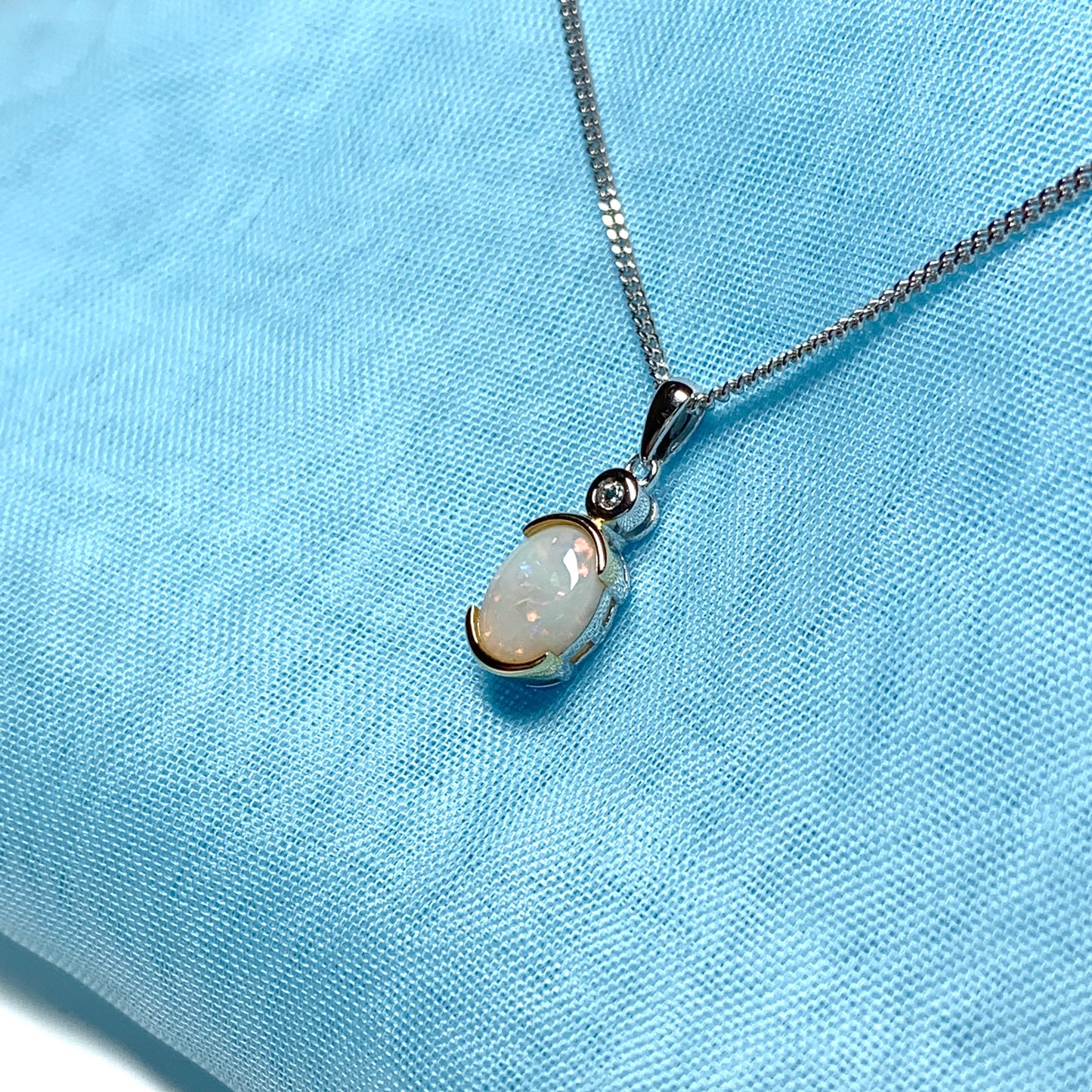 Sterling silver real opal oval and cubic zirconia necklace pendent