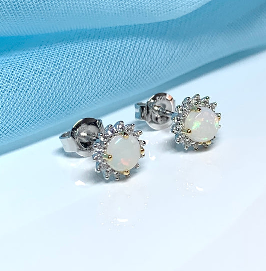 Sterling silver round opal and cubic zirconia stud earrings