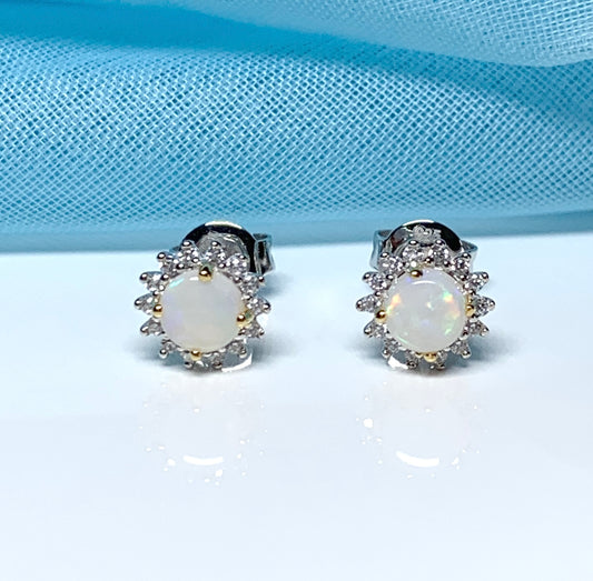 Sterling silver round opal and cubic zirconia stud earrings