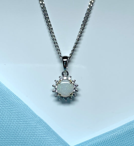 Sterling silver round opal cluster necklace with cubic zirconia pendant