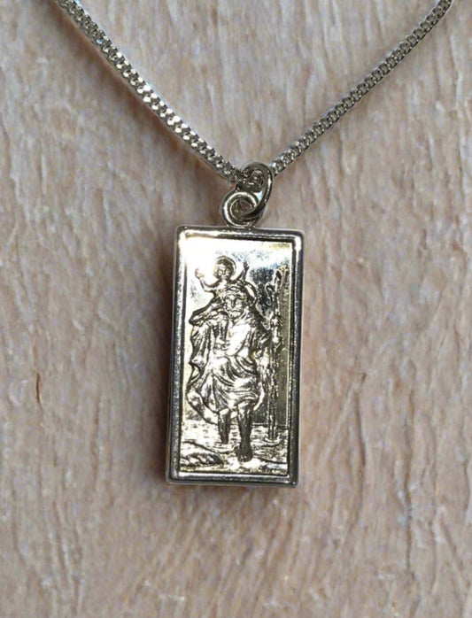 Sterling silver square rectangle shape St. Christopher with chain