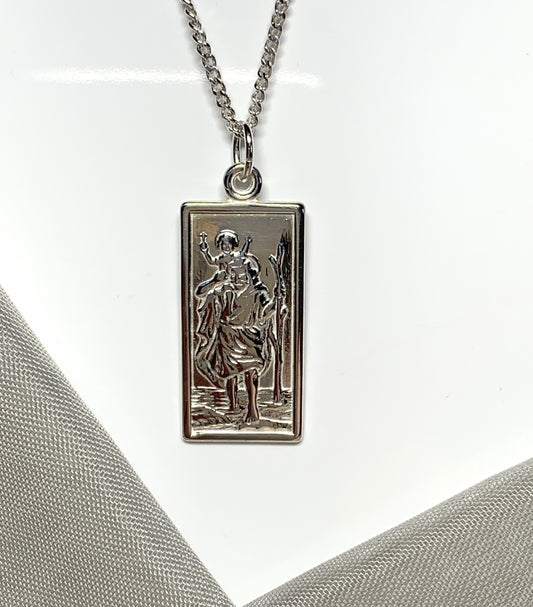 Sterling silver square rectangle shape mens St.Christopher including chain