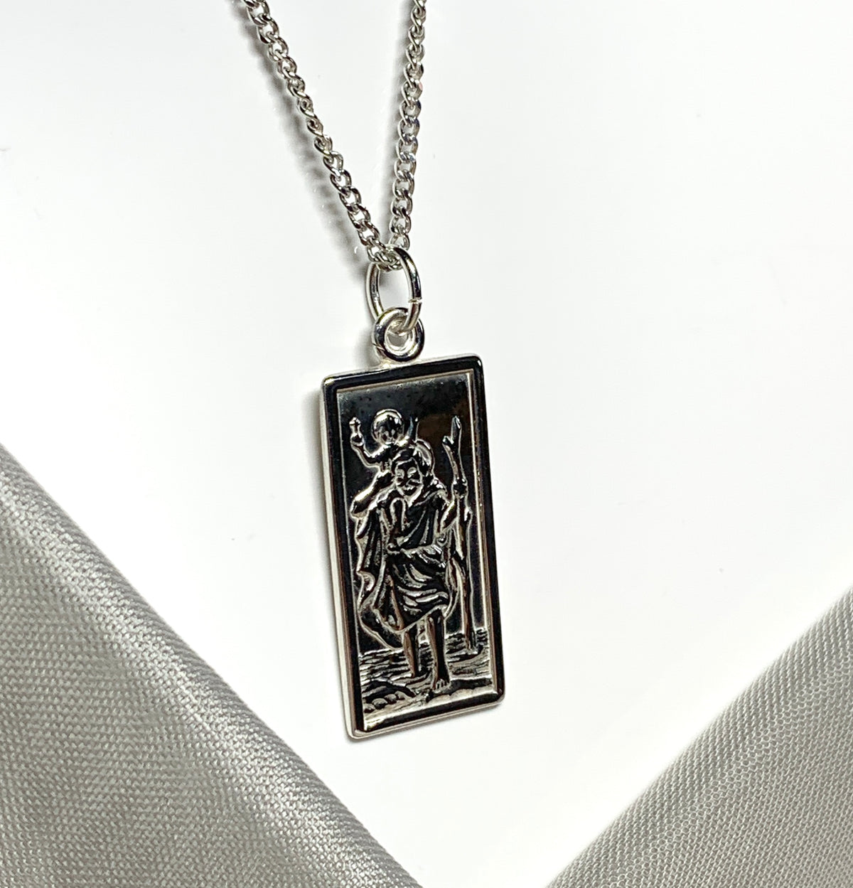 Sterling silver square rectangle shape mens St.Christopher including chain
