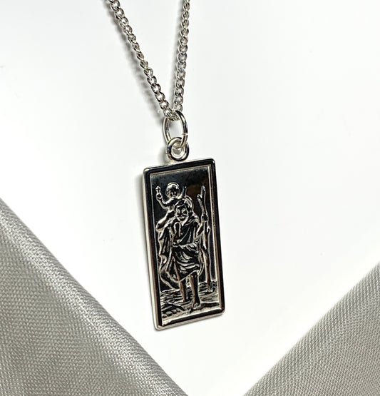 Sterling silver square rectangle shape mens St.Christopher including chain