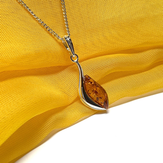 Sterling silver swirl real amber marquise shaped necklace