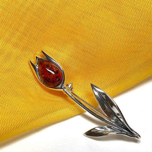 Sterling silver tulip amber brooch