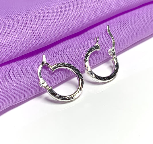 Small sterling silver twisted round hoop diamond cut earrings 14 mm