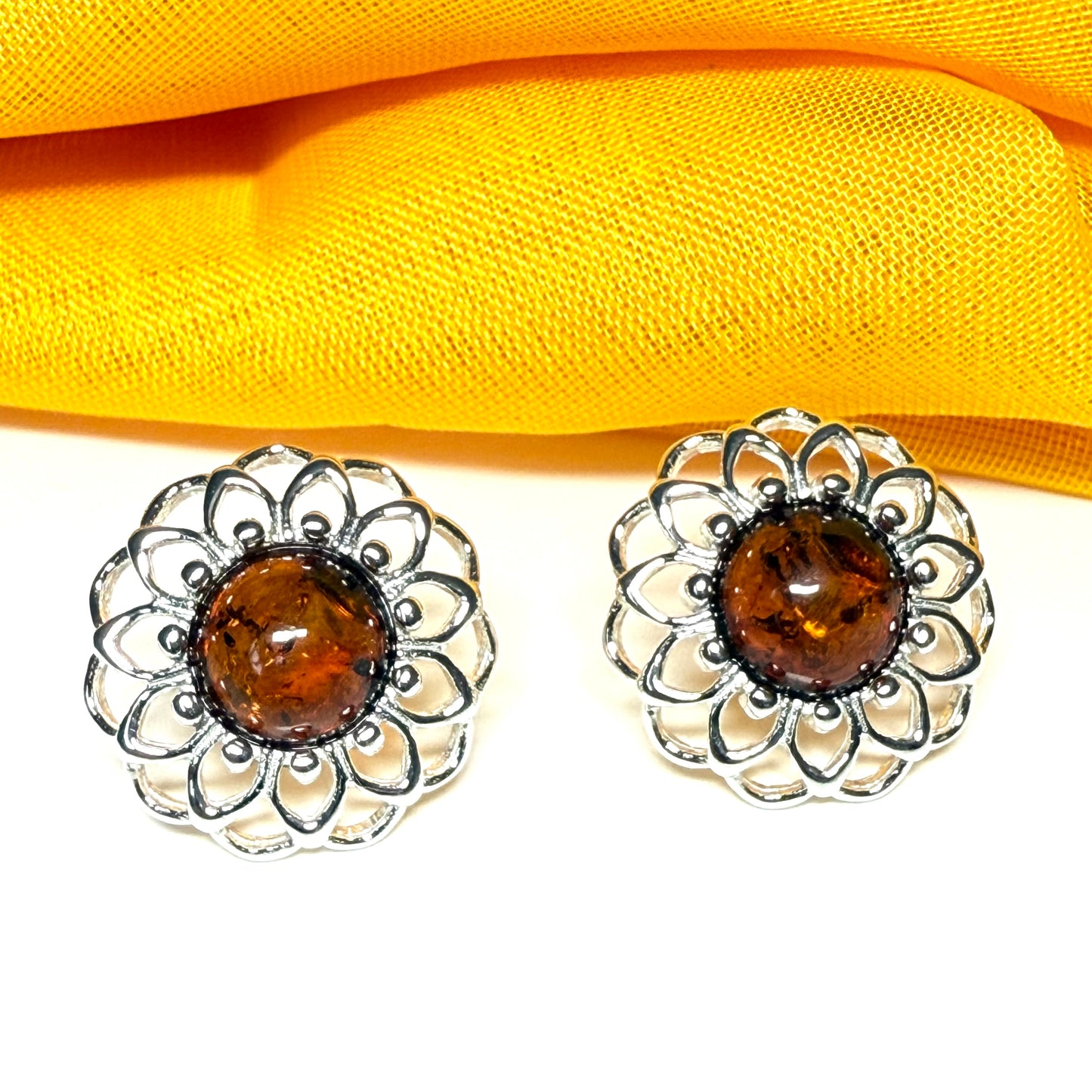 Stud earrings real amber open pierced round floral designed sterling silver