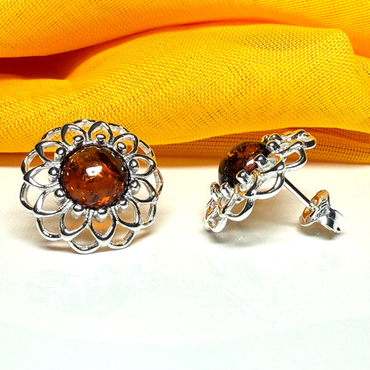 Stud earrings real amber open pierced round floral designed sterling silver