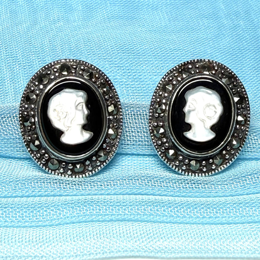 Oval Cameo stud earrings sterling silver black onyx and white Mother of Pearl