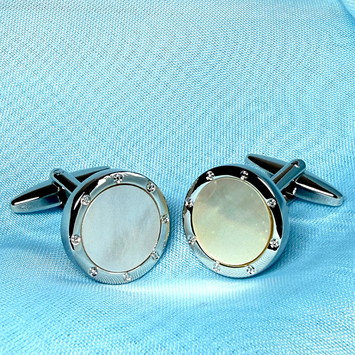 Round cufflinks real Mother of Pearl silver plated