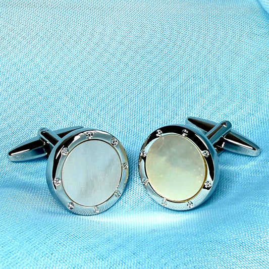 Round cufflinks real Mother of Pearl silver plated