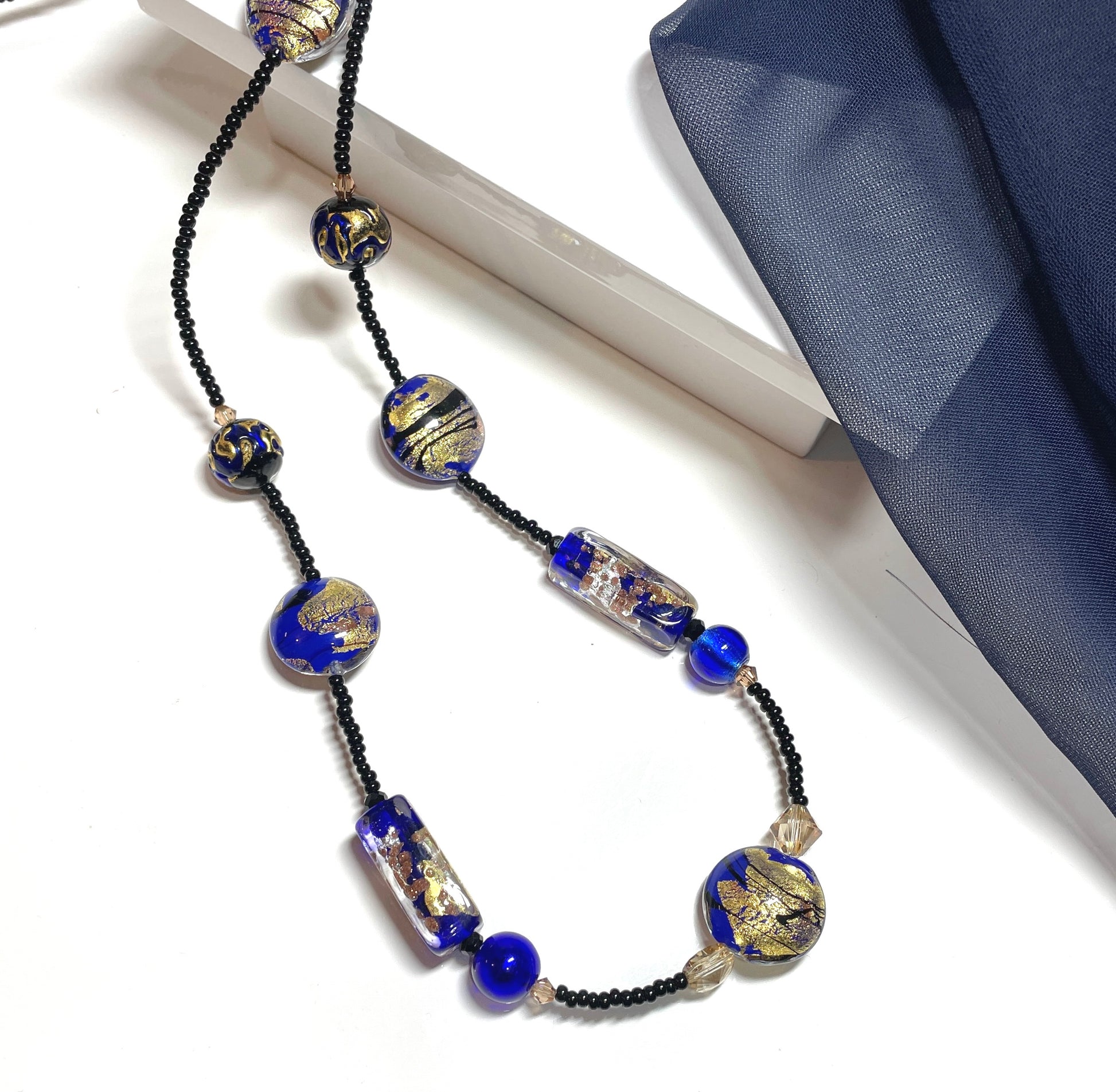 Colbalt blue and black Murano glass beaded necklace