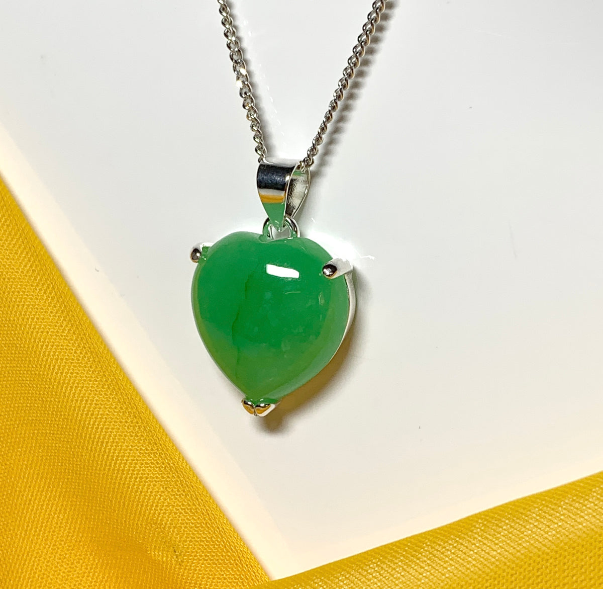 Stunning real green jade necklace heart shaped sterling silver pendant