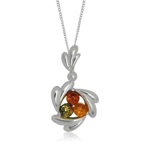 Swirl sterling silver multi coloured real amber necklace pendant