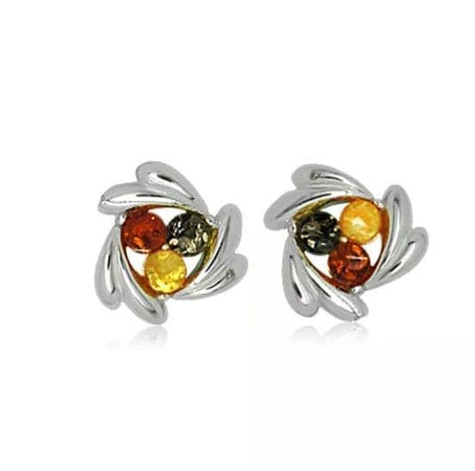 Swirl Sterling Silver Multi Coloured Round Amber Earrings