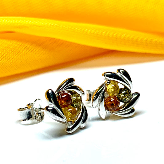 Swirl Sterling Silver Multi Coloured Round Amber Earrings