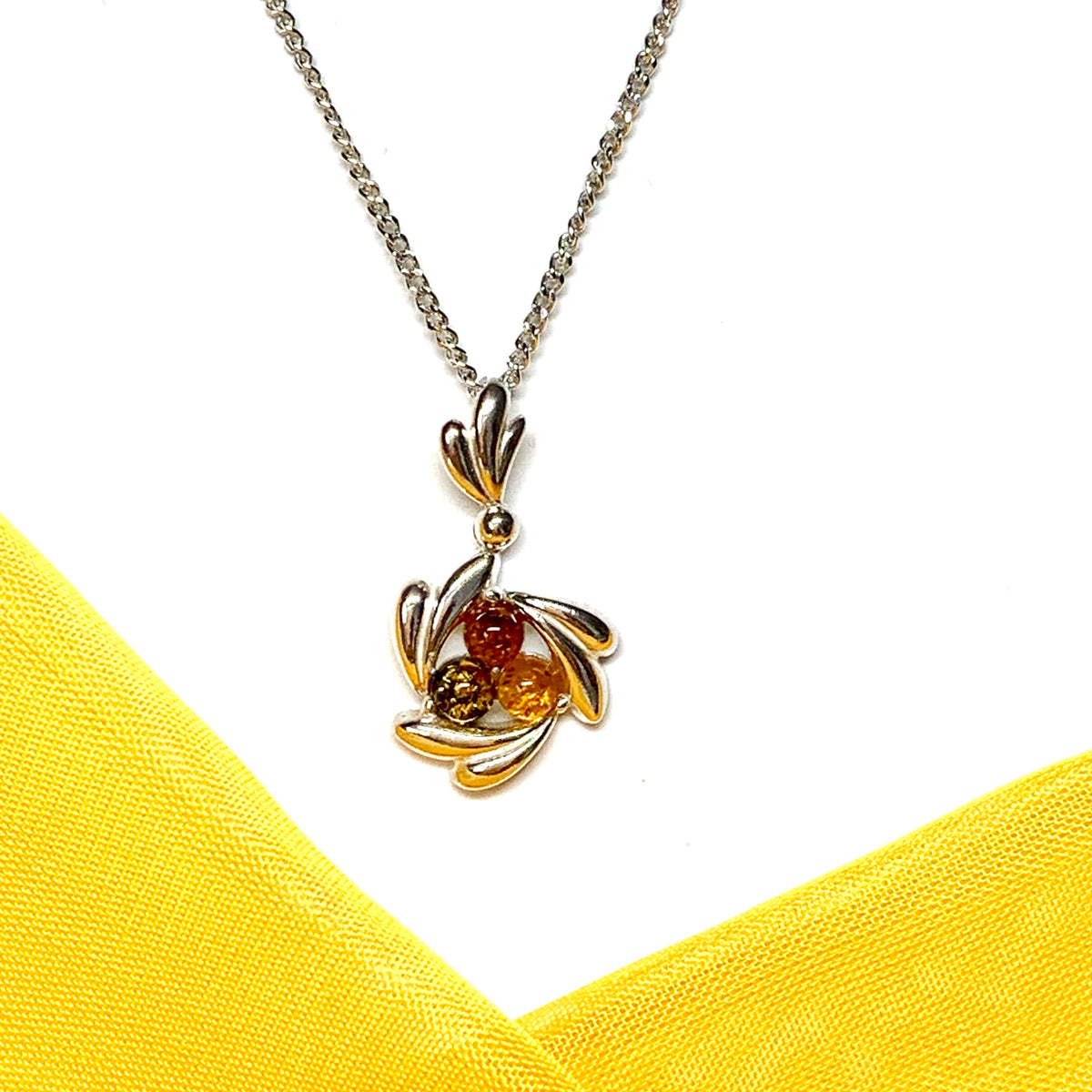 Swirl sterling silver multi coloured real amber necklace pendant