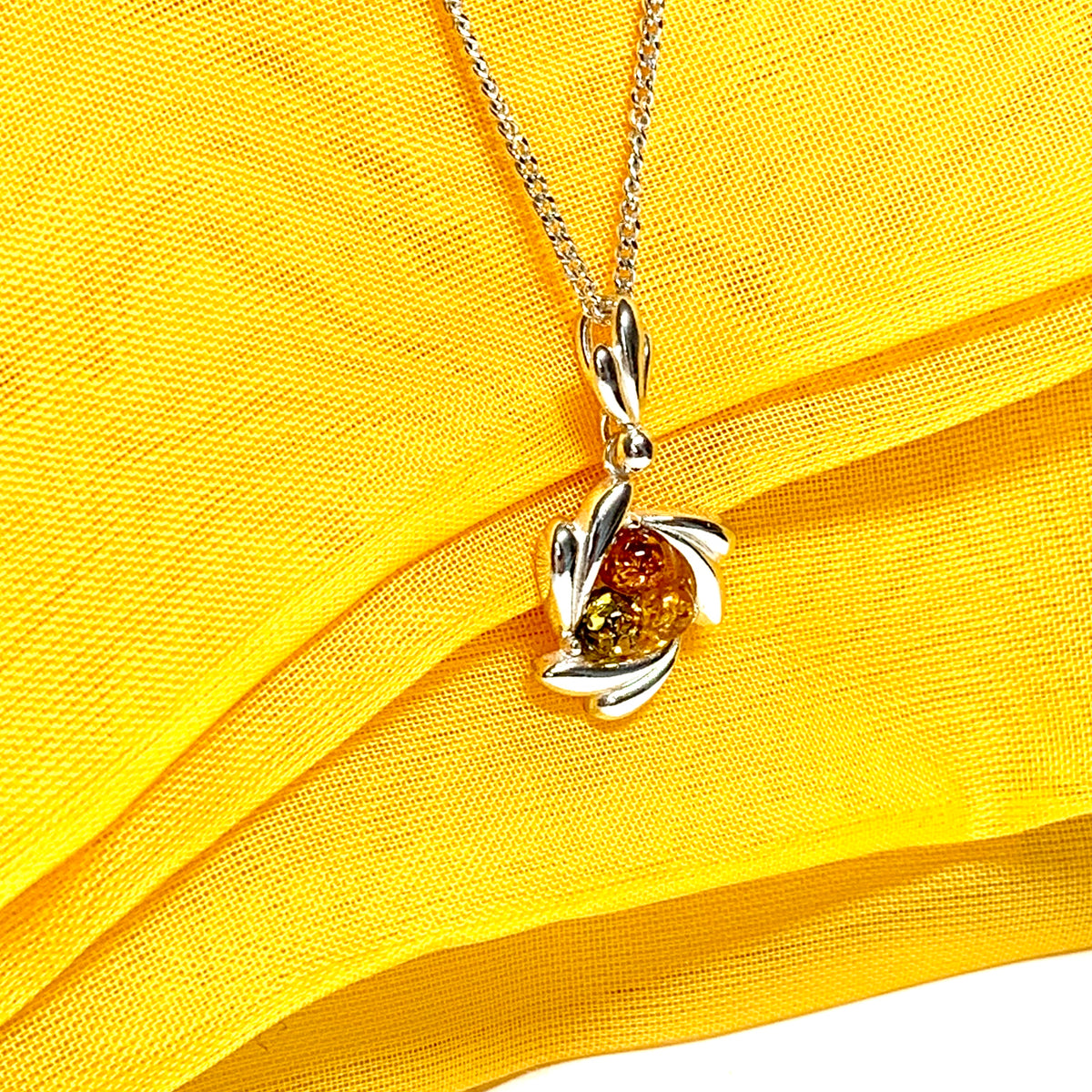 Swirl sterling silver multi coloured real amber necklace pendant