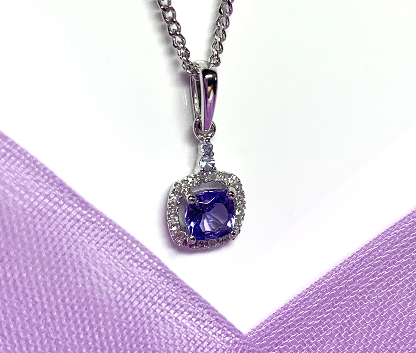 Tanzanite And Diamond White Gold Square Cluster Necklace