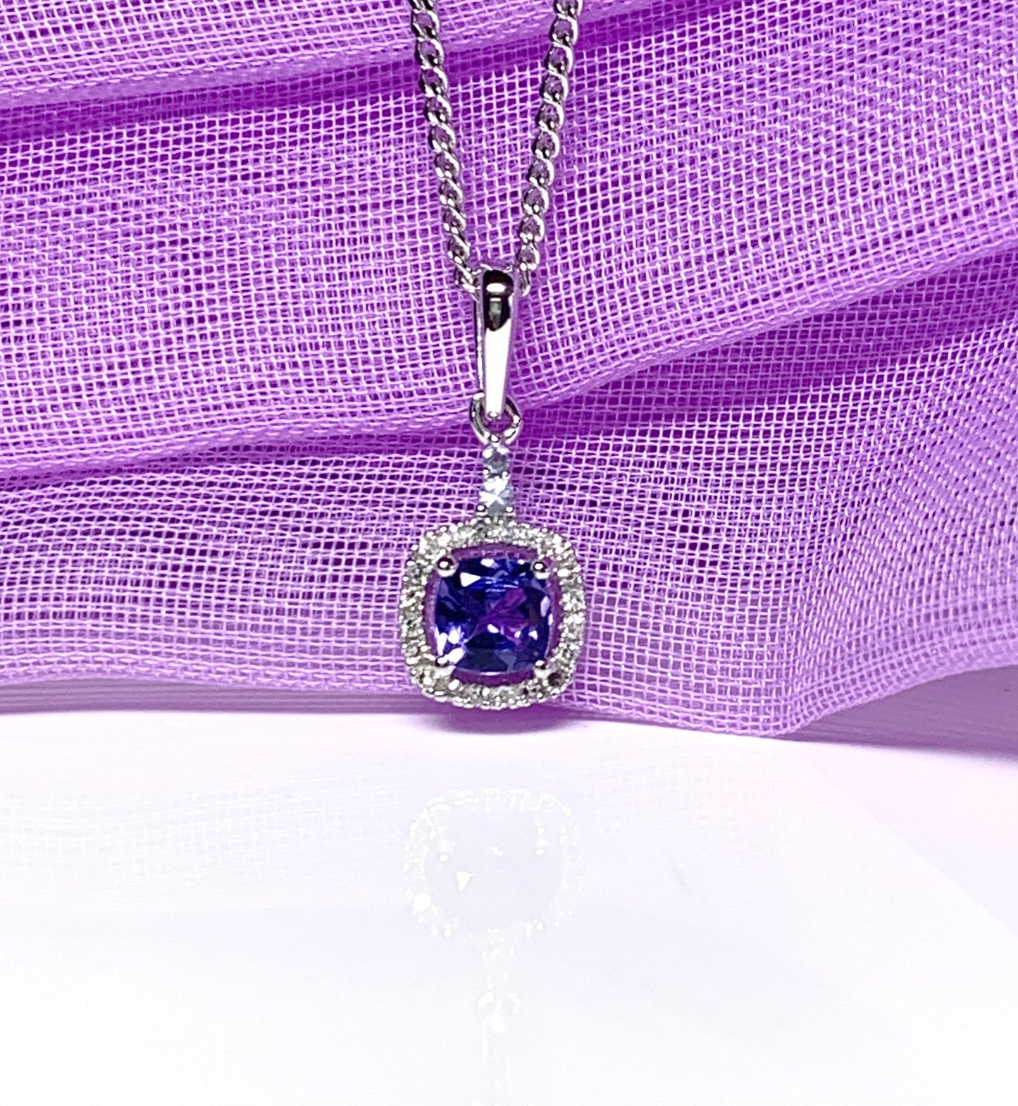 Tanzanite And Diamond White Gold Square Cluster Necklace