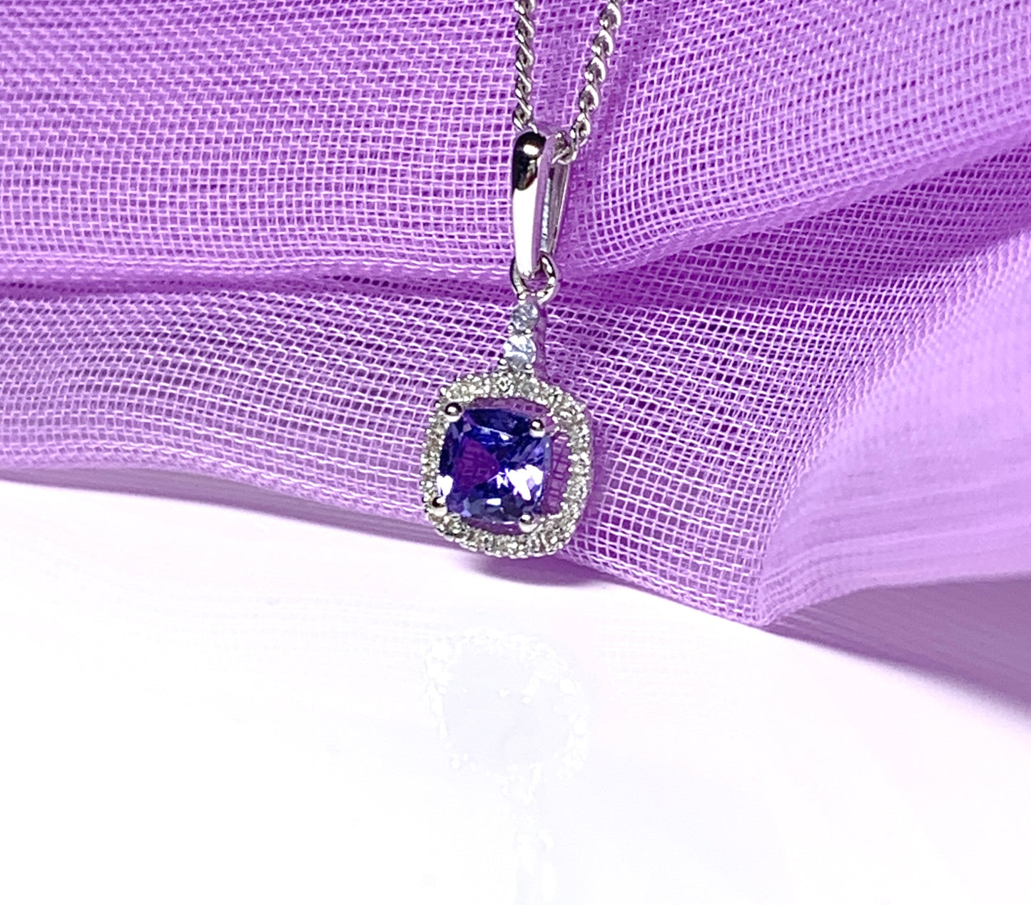 Tanzanite And Diamond White Gold Square Cluster Necklace