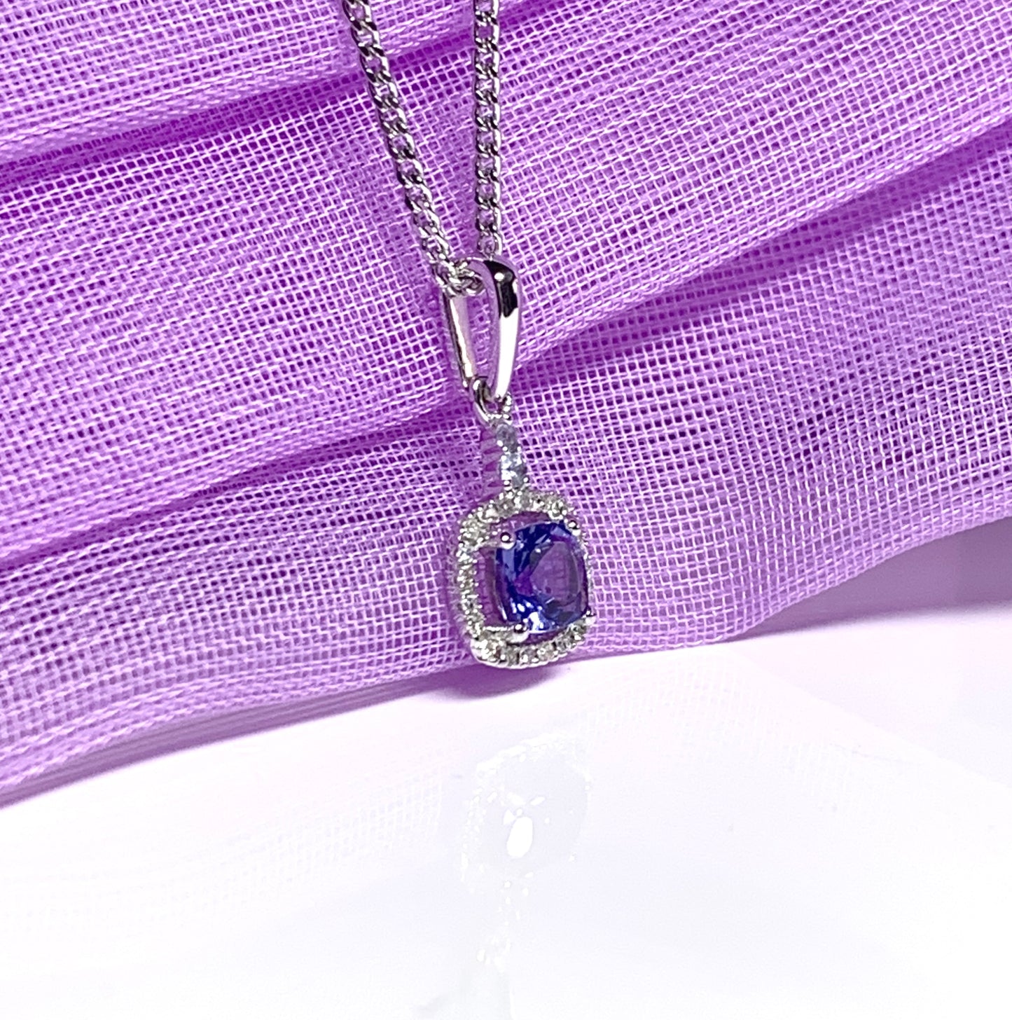 Tanzanite And Diamond White Gold Square Cluster Necklace