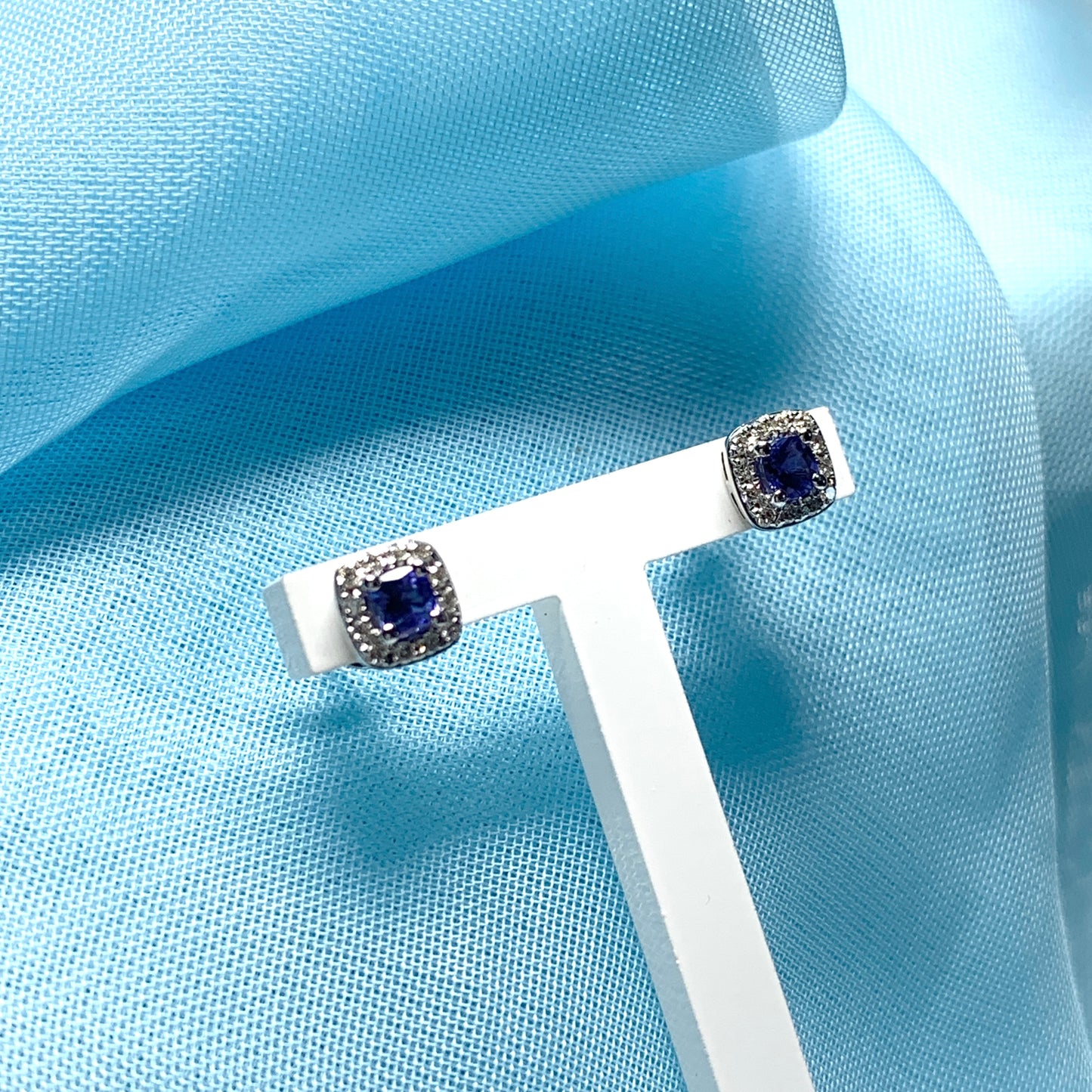 Tanzanite and diamond white gold cushion shaped stud earrings