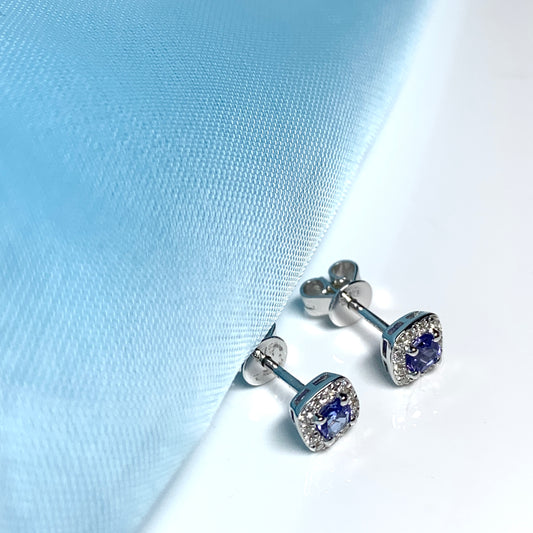 Tanzanite and diamond white gold cushion shaped stud earrings