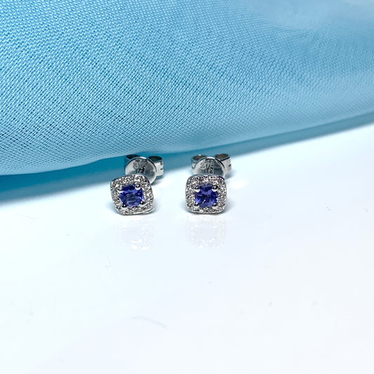 Tanzanite and diamond white gold cushion shaped stud earrings