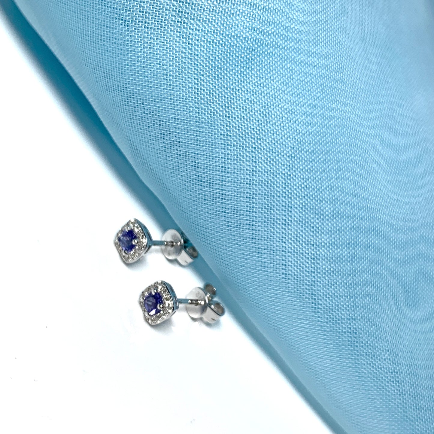 Tanzanite and diamond white gold cushion shaped stud earrings