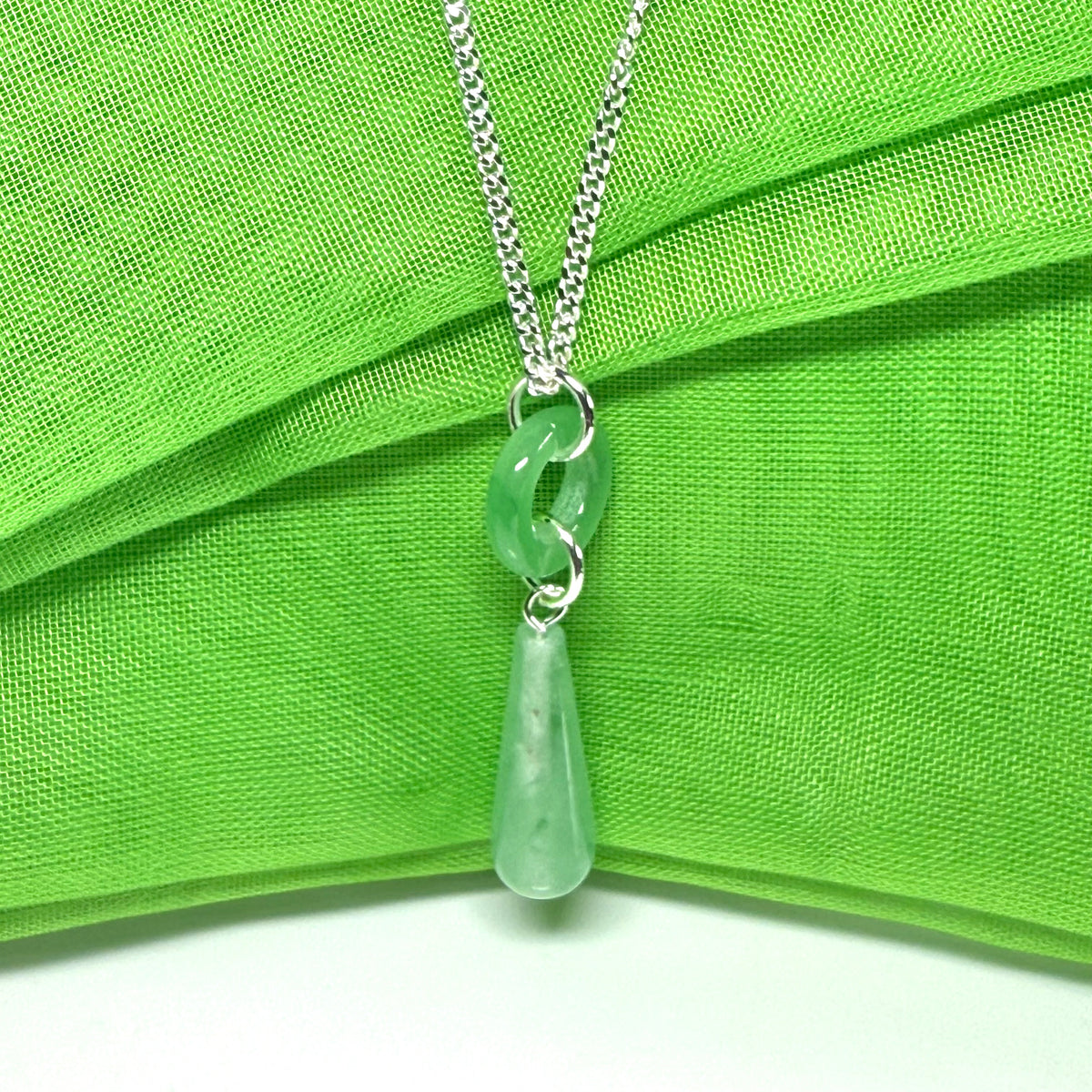 Tear Drop And Circle Silver Pear Shaped Green Jade Necklace Pendant