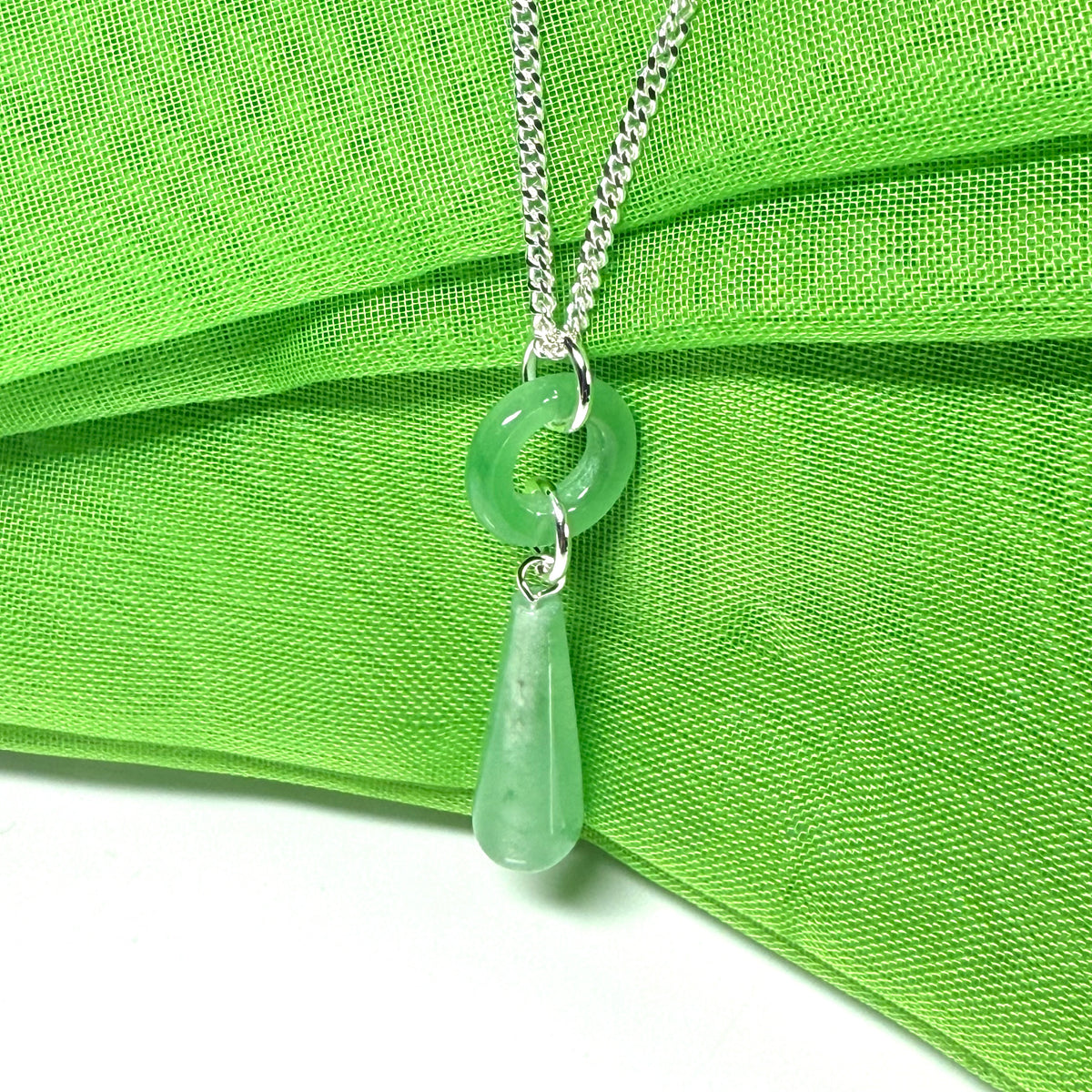 Tear Drop And Circle Silver Pear Shaped Green Jade Necklace Pendant