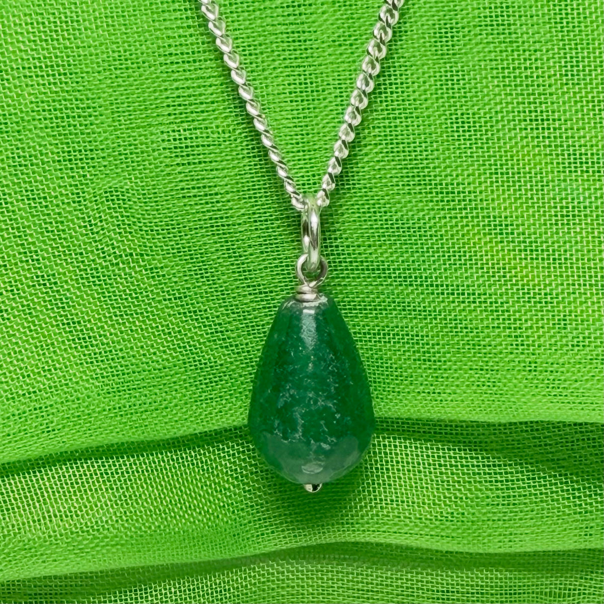 Tear Drop Silver Pear Shaped Green Jade Necklace With Chain