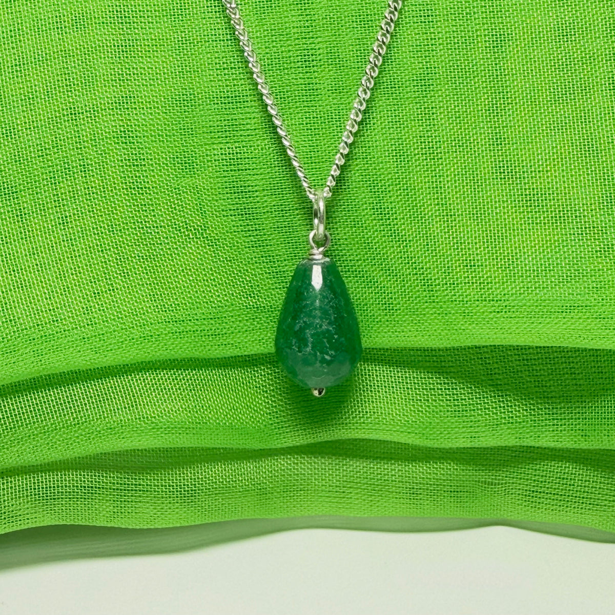 Tear Drop Silver Pear Shaped Green Jade Necklace With Chain