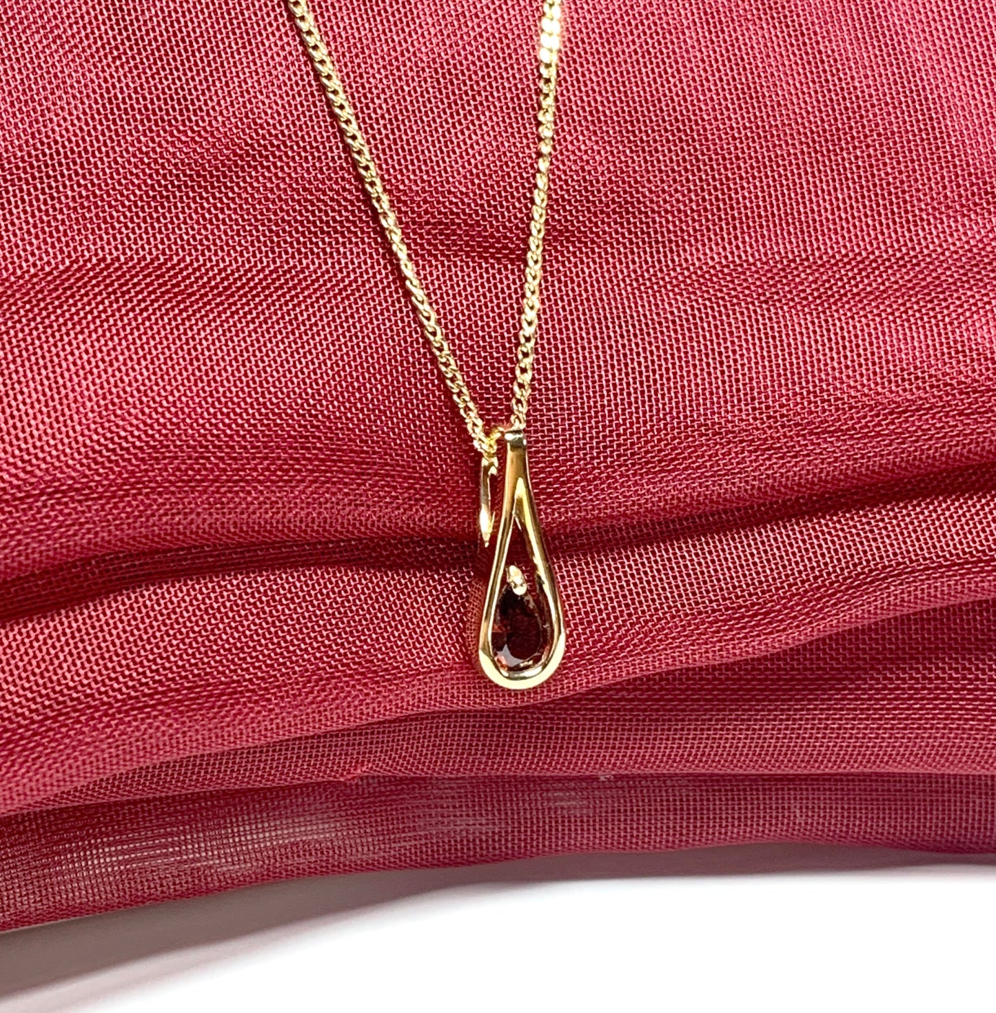 Tear drop pear real garnet necklace pendant yellow gold smooth rubbed over