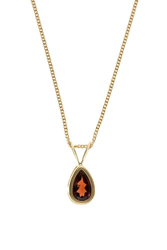 Tear drop pear real garnet necklace yellow gold smooth rubbed over pendant