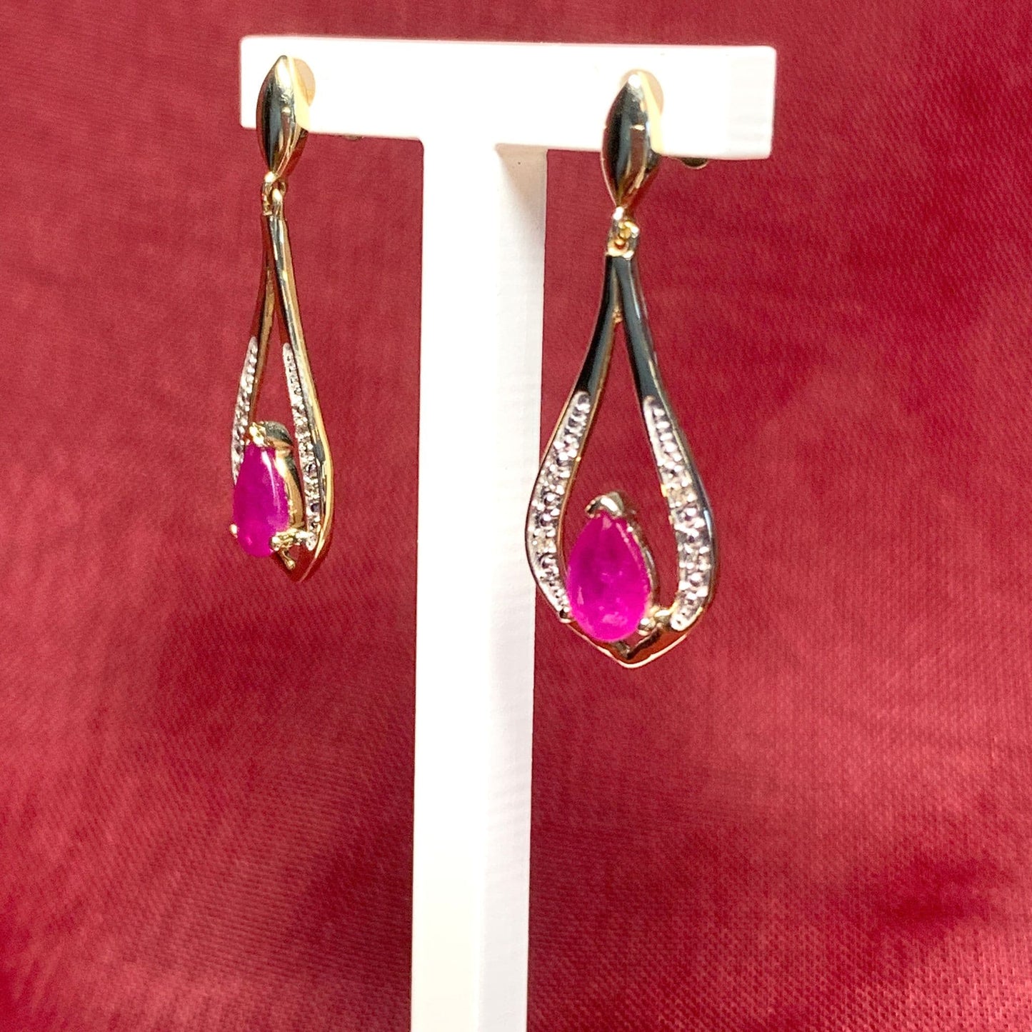 Teardrop Red Ruby And Diamond Earrings Yellow Gold