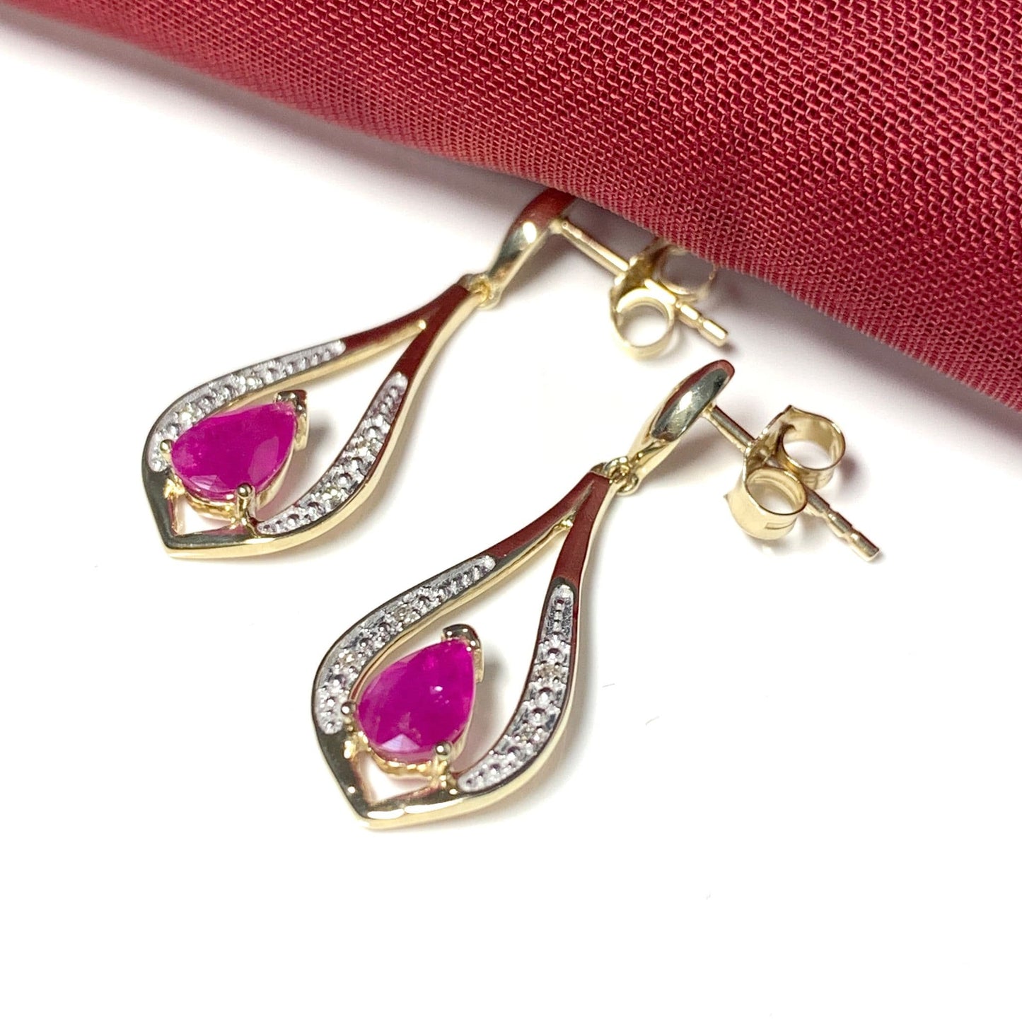 Teardrop Red Ruby And Diamond Earrings Yellow Gold