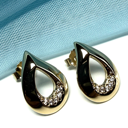 Teardrop shaped open earrings stud dropped cubic zirconia sterling silver gilt, gold plated