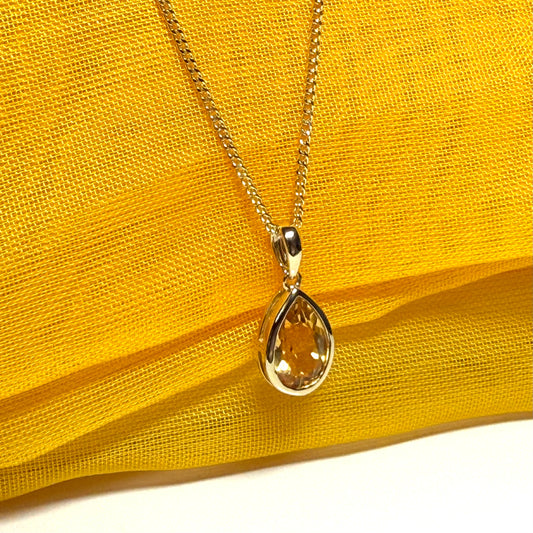 Teardrop yellow citrine gold necklace pear shaped pendant