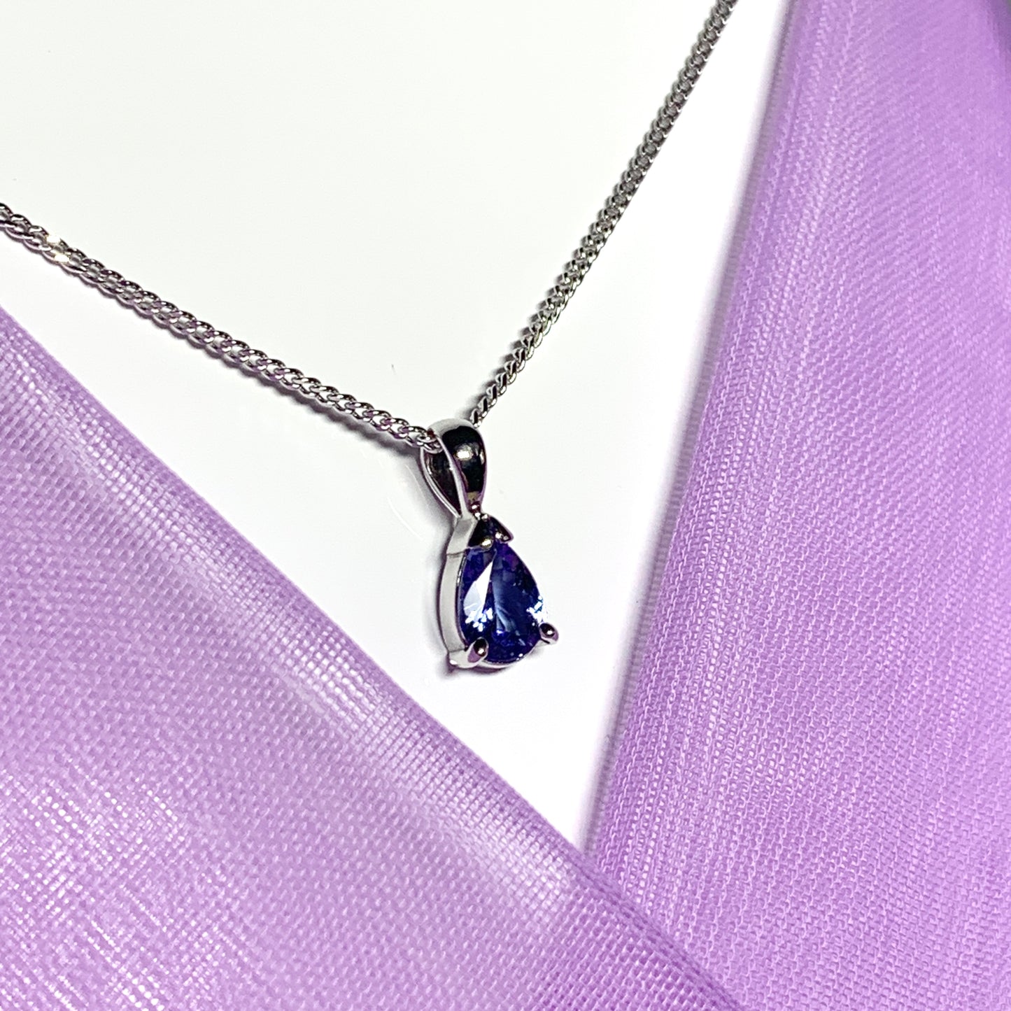 Pear shaped real tanzanite white gold necklace