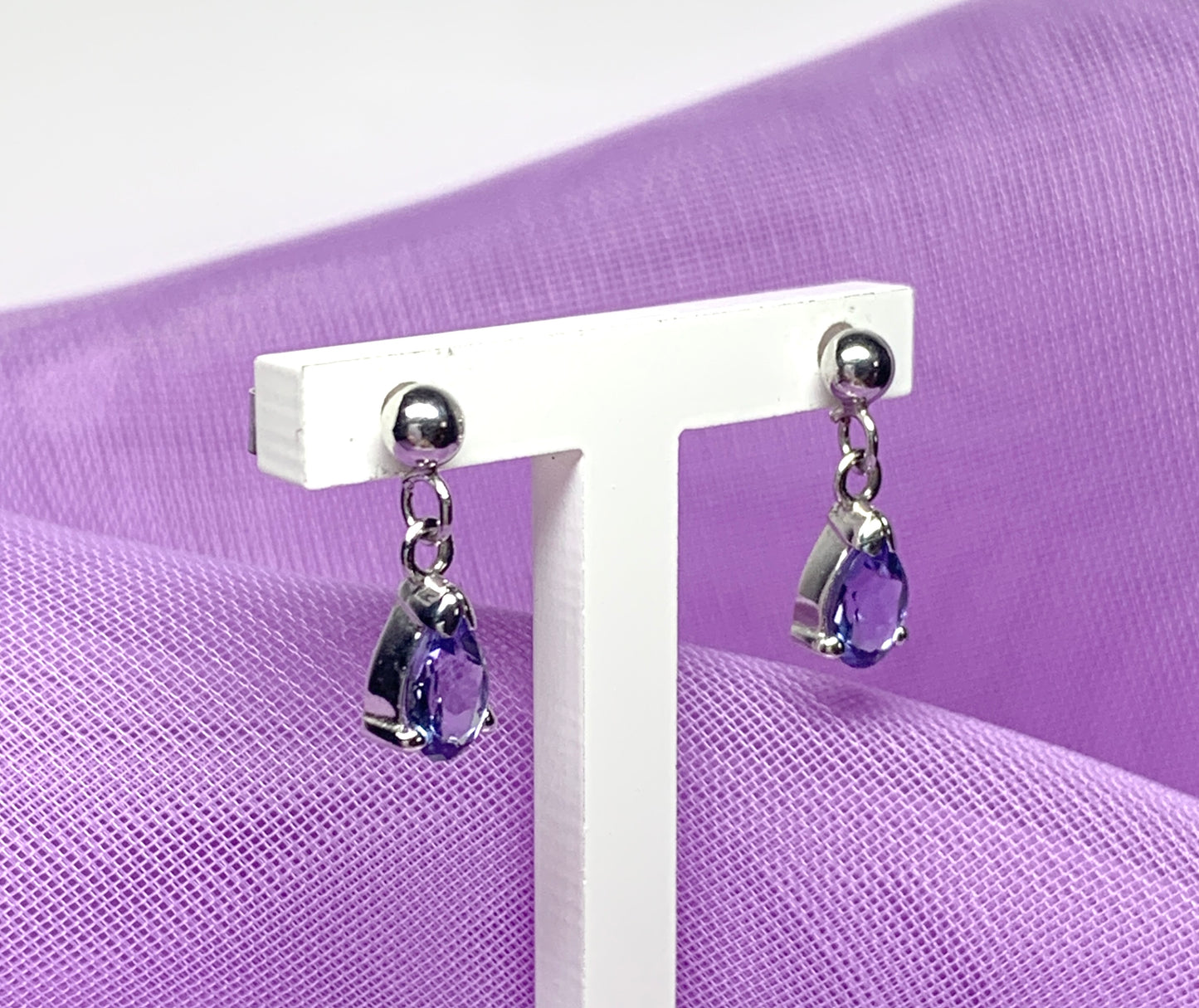 Pear shaped real tanzanite white gold drop earrings