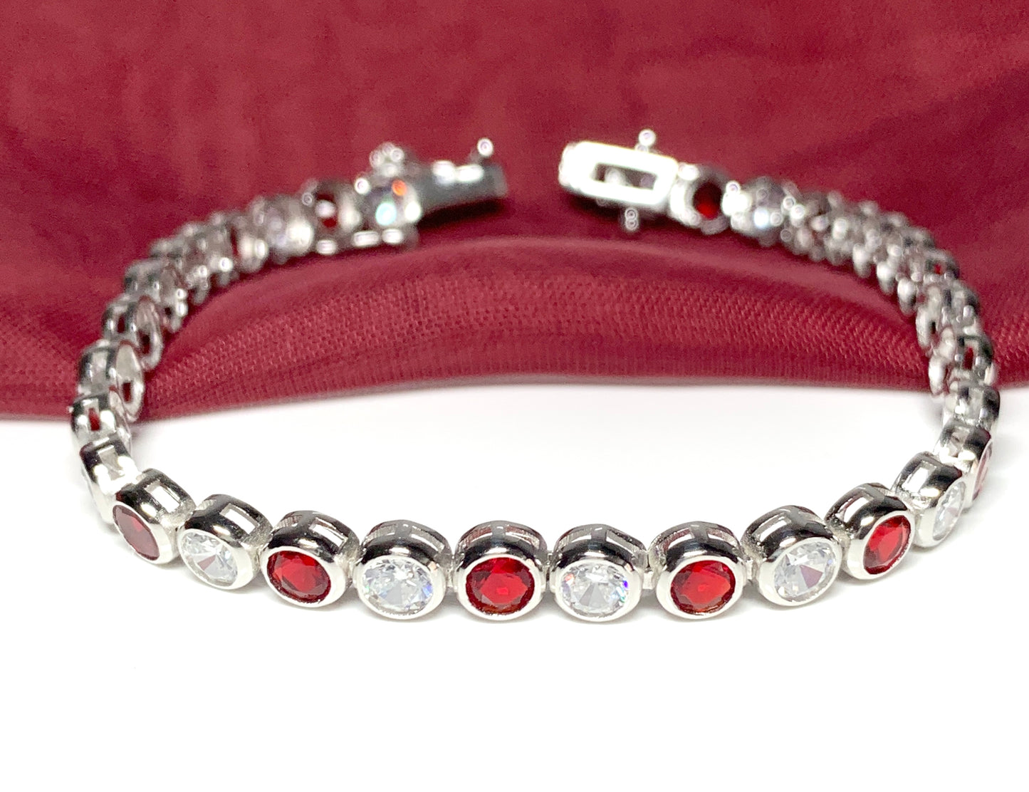 Tennis bracelet red and white sterling silver cubic zirconia stone set