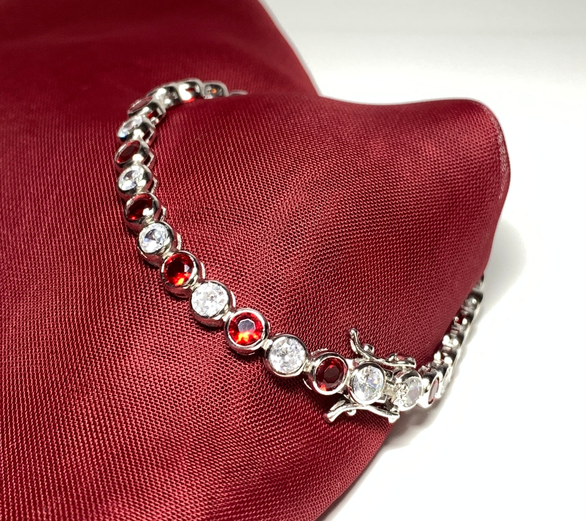 Tennis bracelet red and white sterling silver cubic zirconia stone set